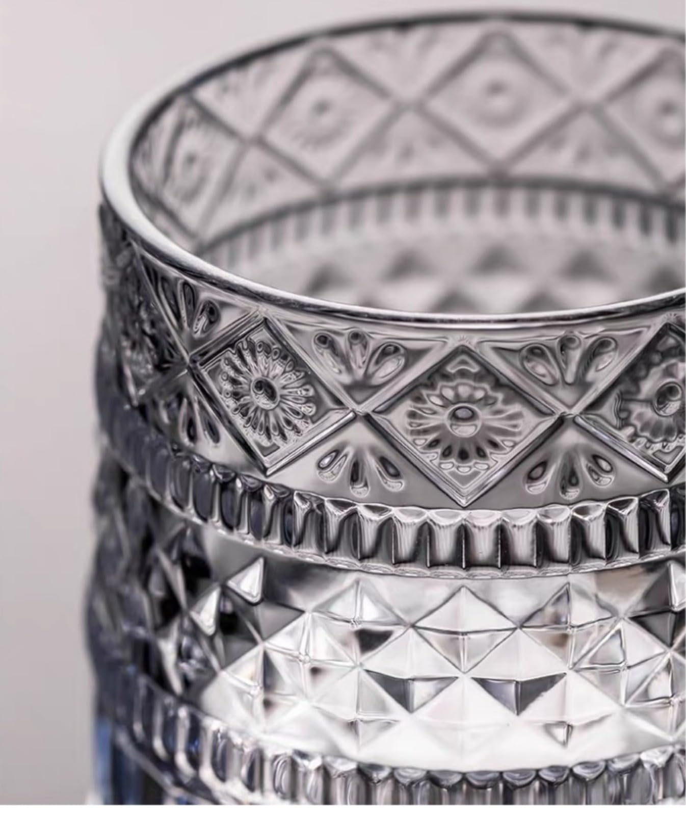 Extreme close-up of the diamond cutting patterns and detailing on the glass