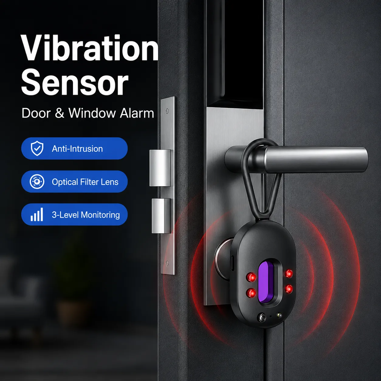 Vibration sensor hanging on a door handle as an anti-intrusion door and window alarm