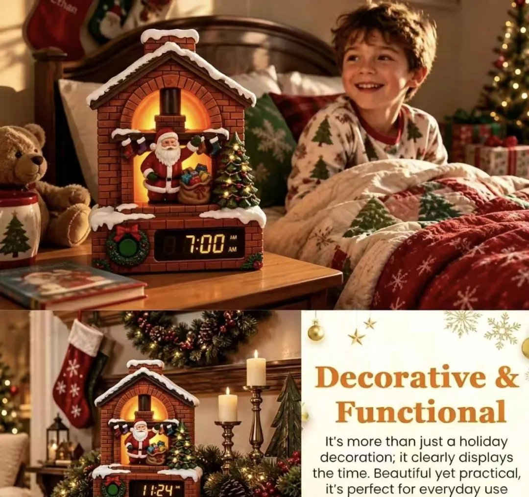 Santa fireplace alarm clock on indoor display