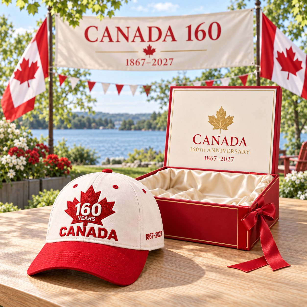 Ivory and red Canada 160th anniversary cap beside the open red gift box with cream satin lining