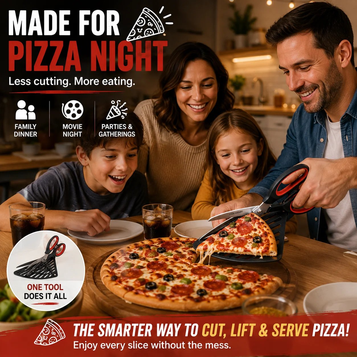 Family enjoying pizza night with pizza scissors