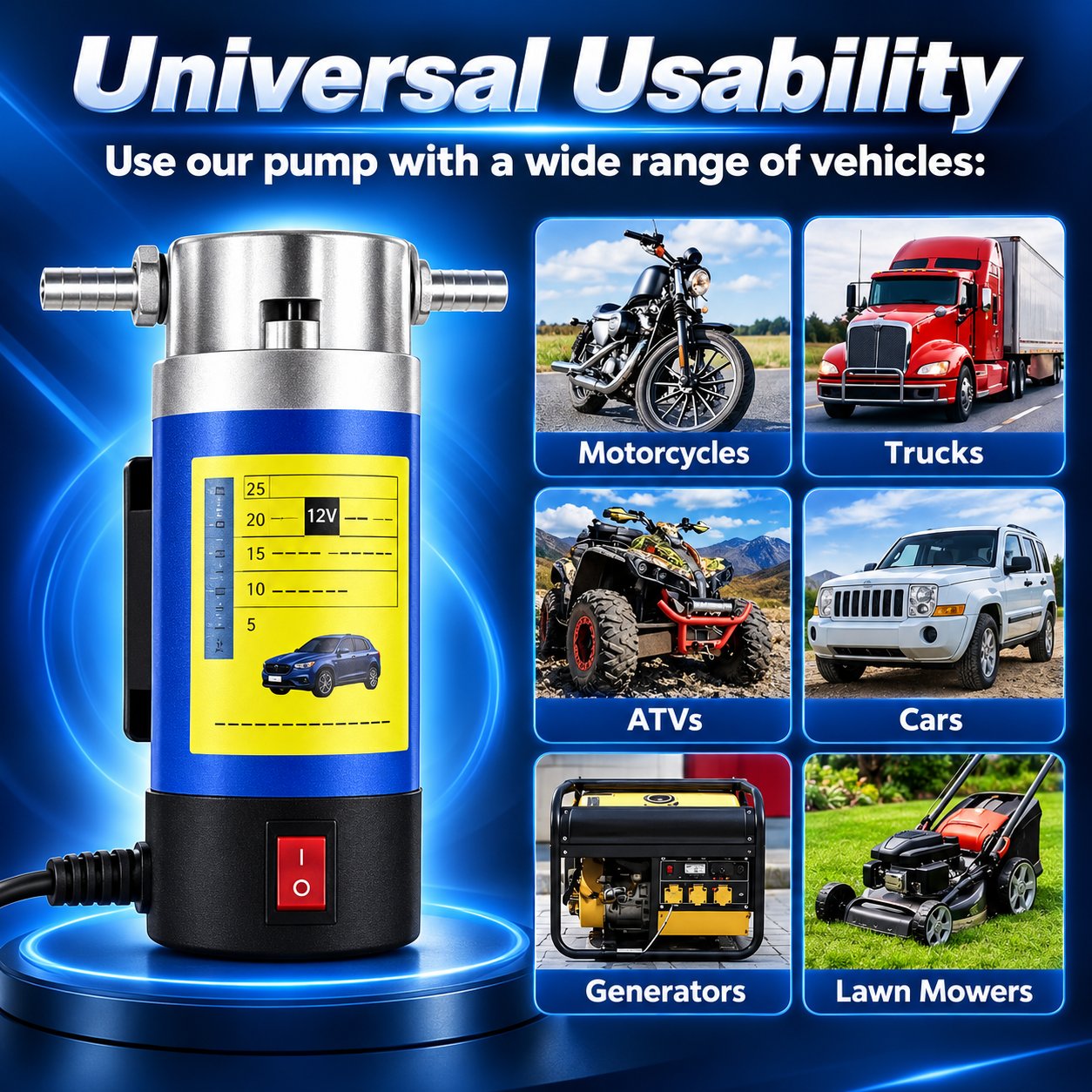 Oil pump shown alongside cars, motorcycles, trucks, ATVs, generators and lawn mowers