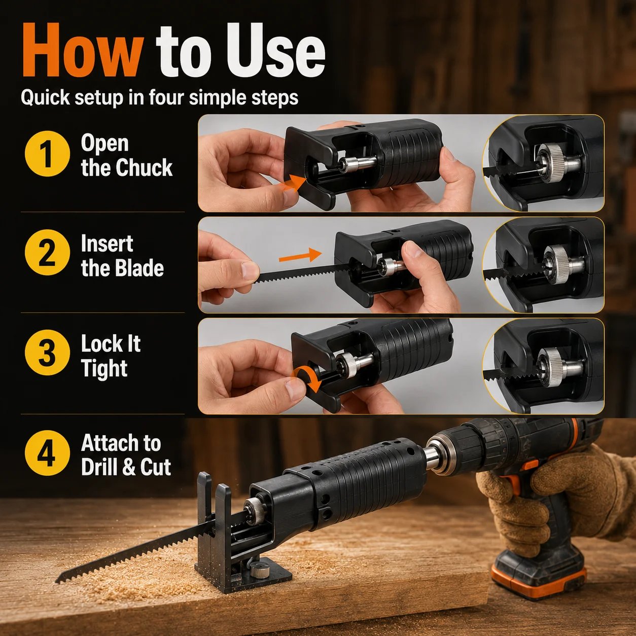 Three-step setup from drill to saw