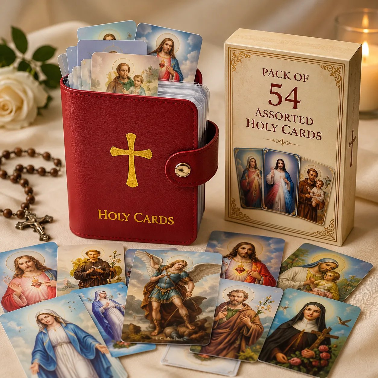 Catholic Genuine Leather Holy Card Holder – Pocket Prayer Card Organizer with Snap Closure - Red / Holder Only