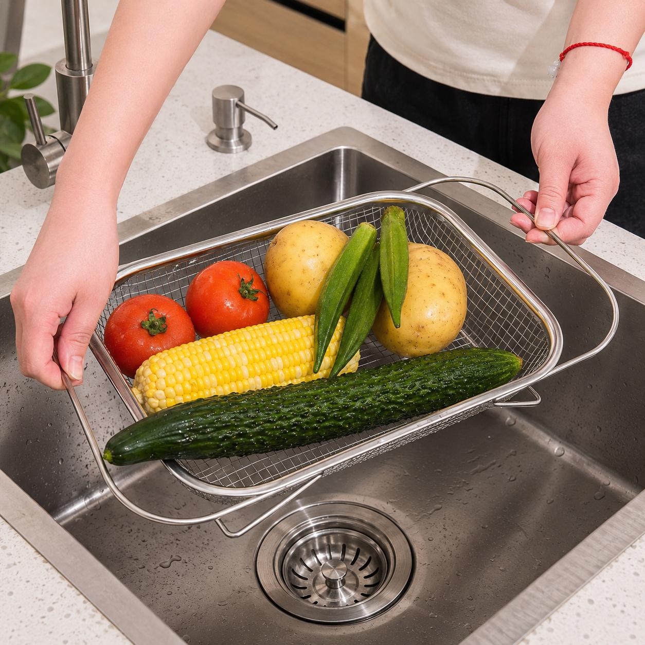 Stainless Steel Over-The-Sink Colander Strainer Basket, Expandable Rectangle Fine Mesh Kitchen Utensils with Handles, Silver Kitchen Essential