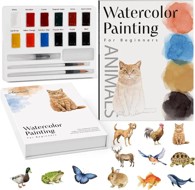 Beginner watercolor animal workbook with 12-color paint set and brushes