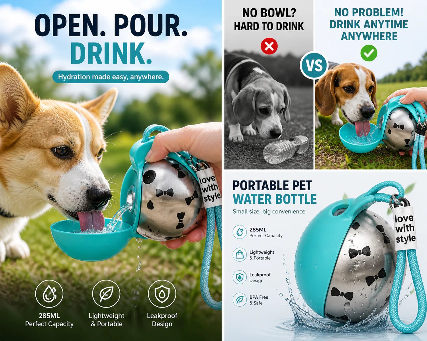 Portable dog water bottle with easy open-pour design, leakproof 285ml travel water bowl for small to medium pets, perfect for outdoor walks