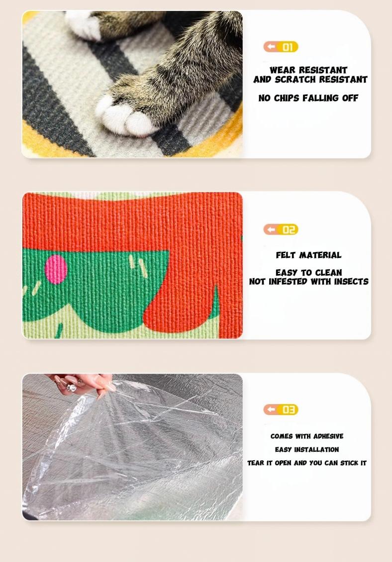 Product Introduction of Wall-mounted cat scratching mat. It is wear-resistant and doesn't shed debris. It's a great tool to prevent cats from scratching the sofa. It can be pasted on doors, sofas and furniture. 7