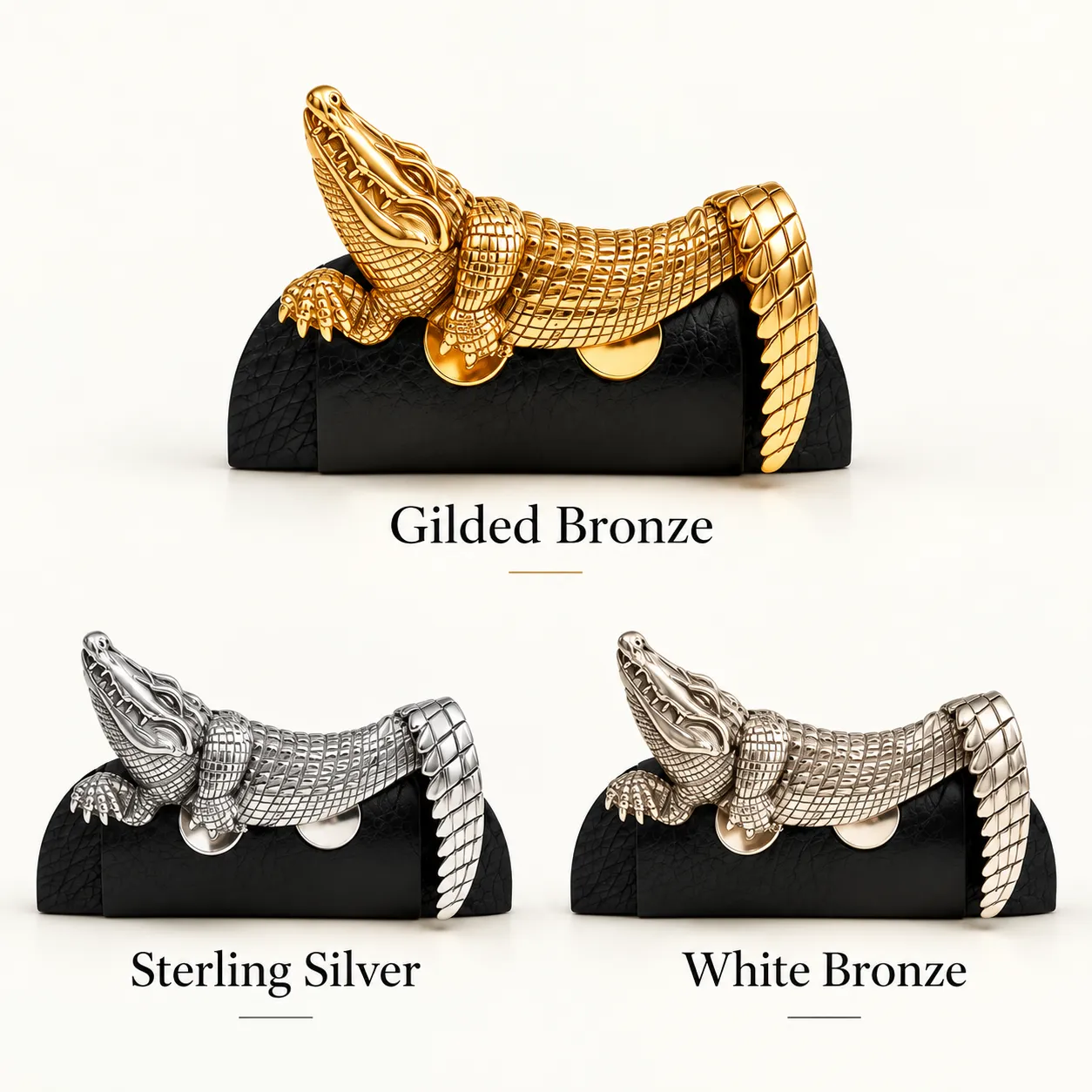 Sculptural alligator metal pocket square detail