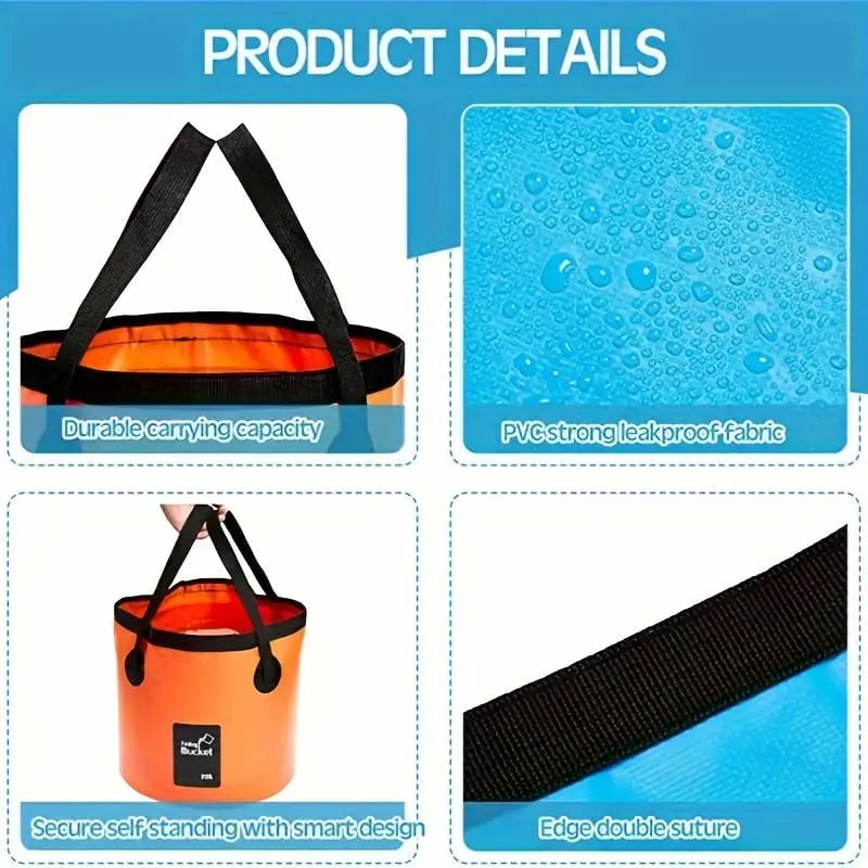 Portable folding bucket details including PVC fabric reinforced rim double stitching and carrying straps
