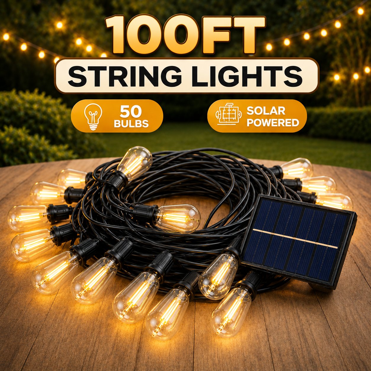 100FT solar outdoor string lights with 50 warm white vintage bulbs