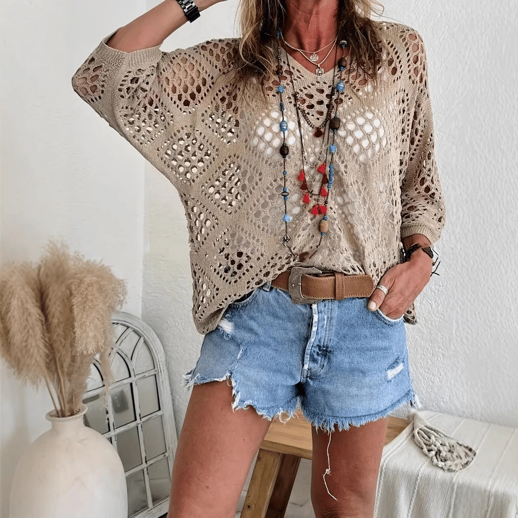 Women's Bohemian-Inspired Beige Crochet Top with V-Neck - Khaki / S