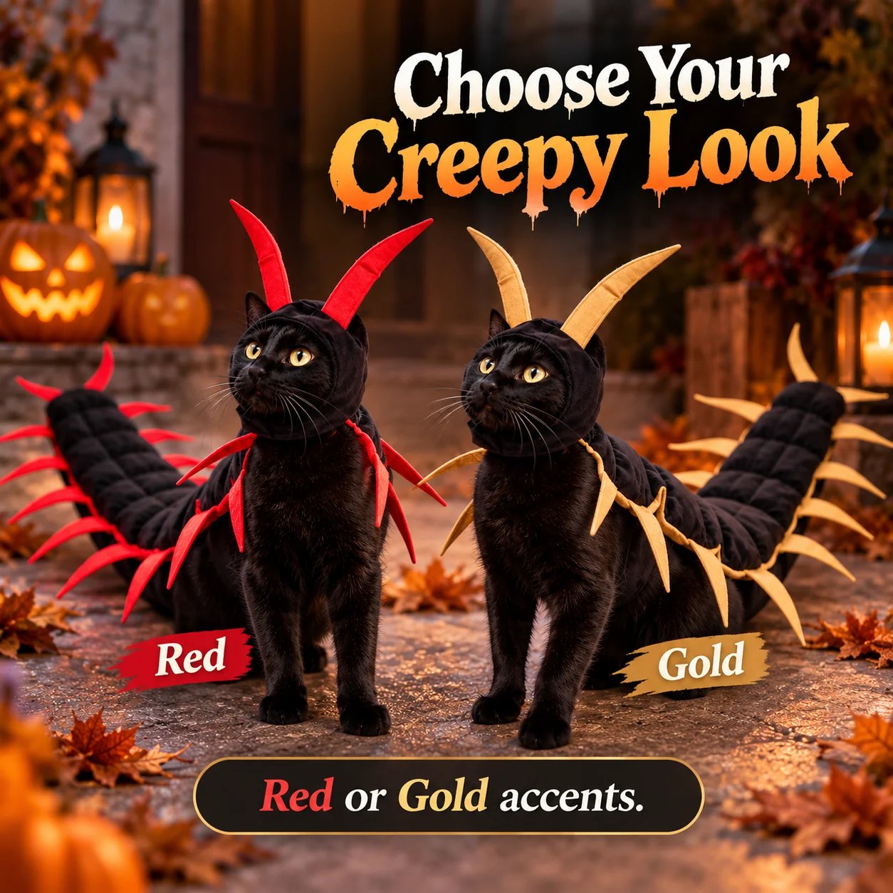 Cat wearing creepy-cute black and red centipede halloween costume