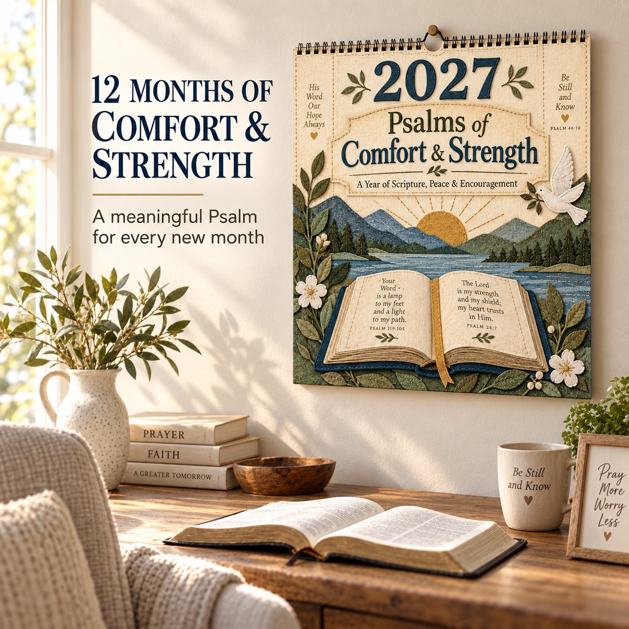 Psalms wall calendar displayed in a peaceful prayer space