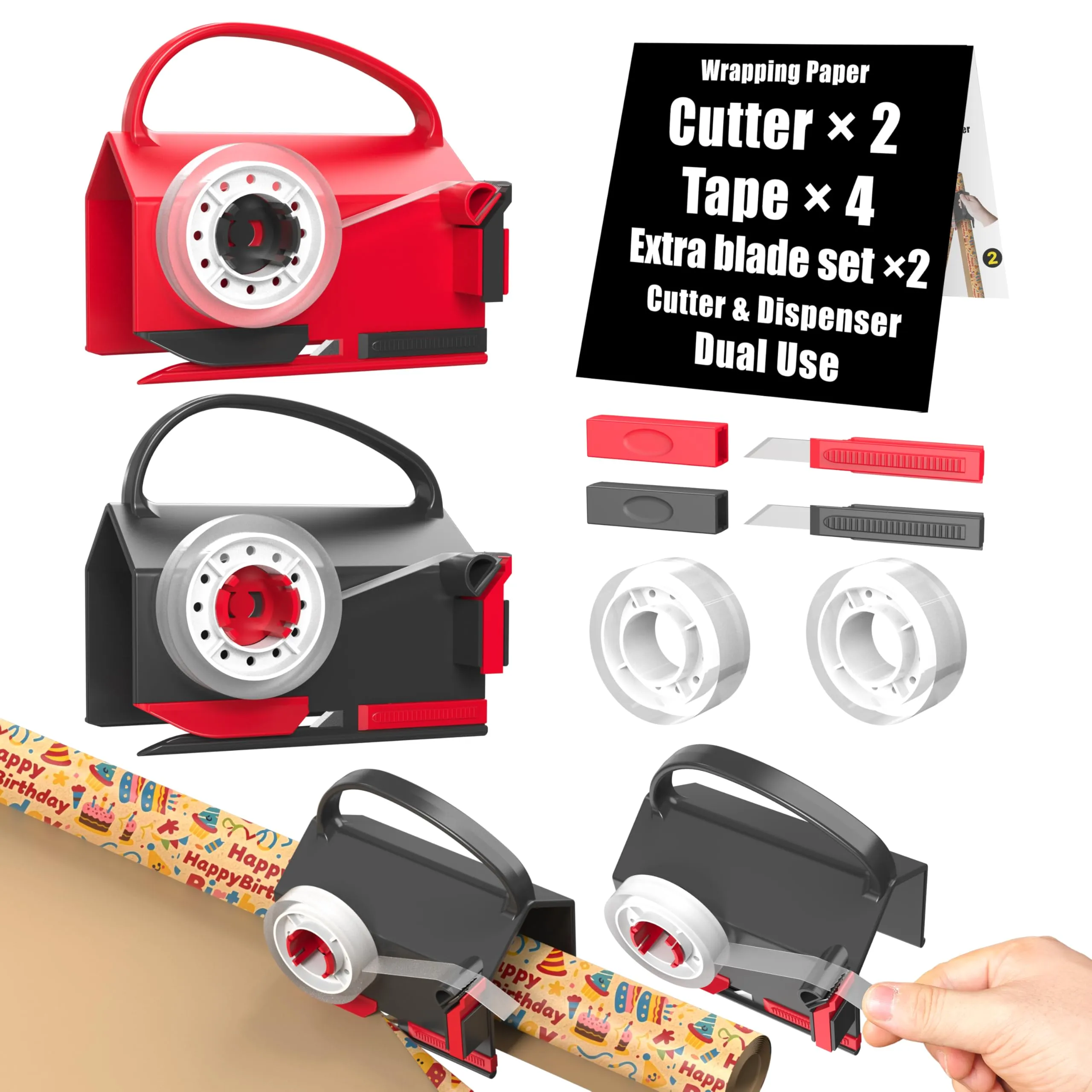 DHG 2-Pack Dual-Use Wrapping Paper Cutter & Tape Dispenser Kit, Sliding Roll Slicer Holder with 4 Tape Rolls & 2 Spare Blades, Multifunctional Stationery Cutting Supplies for Home Office, Handles Cellophane Neatly, Fits Kraft Paper, Holiday