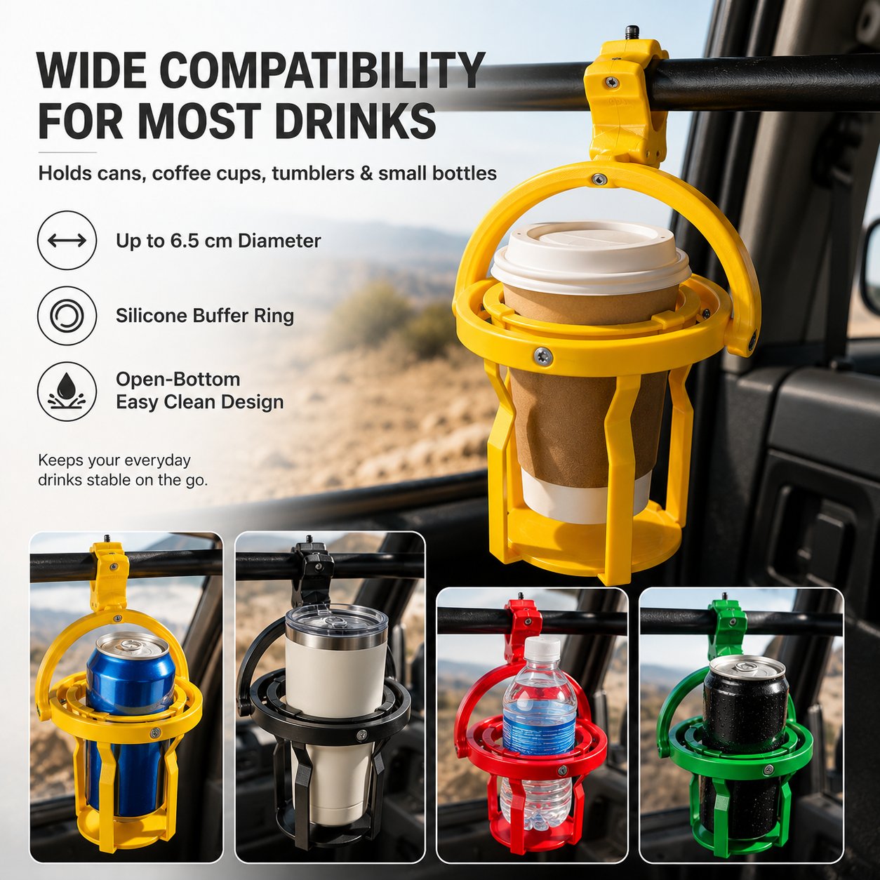 Cup holder compatible with cans coffee cups and bottles