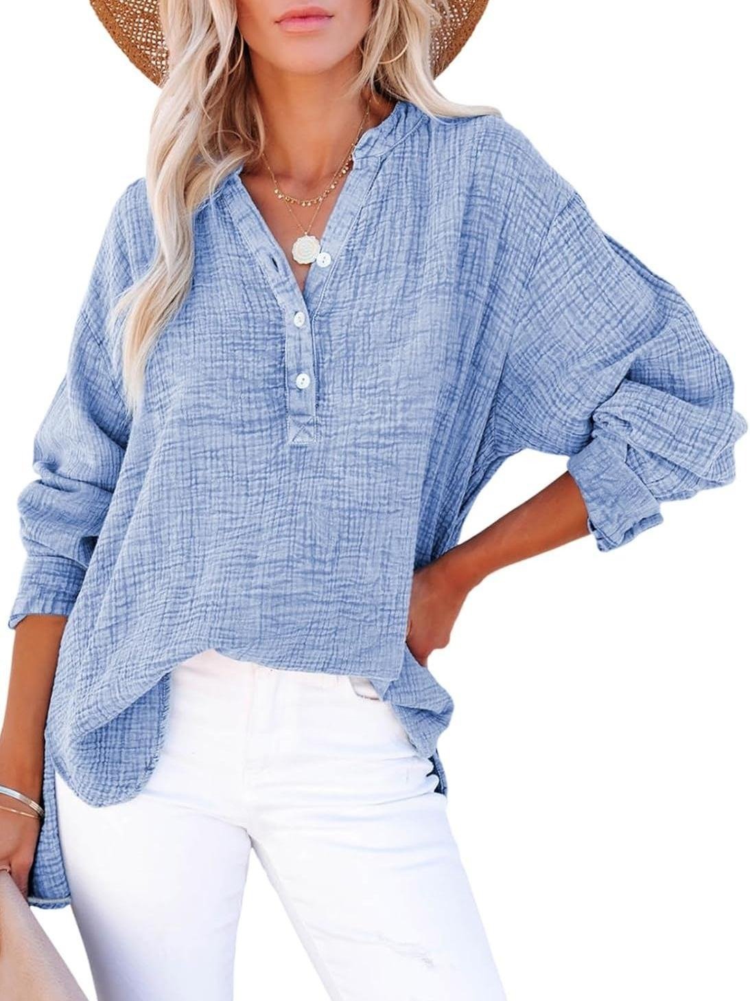 🎁Last Day Promotion 49% OFF🔥Womens Casual Button V Neck Long Sleeve Shirts Oversized Solid Blouses Tops