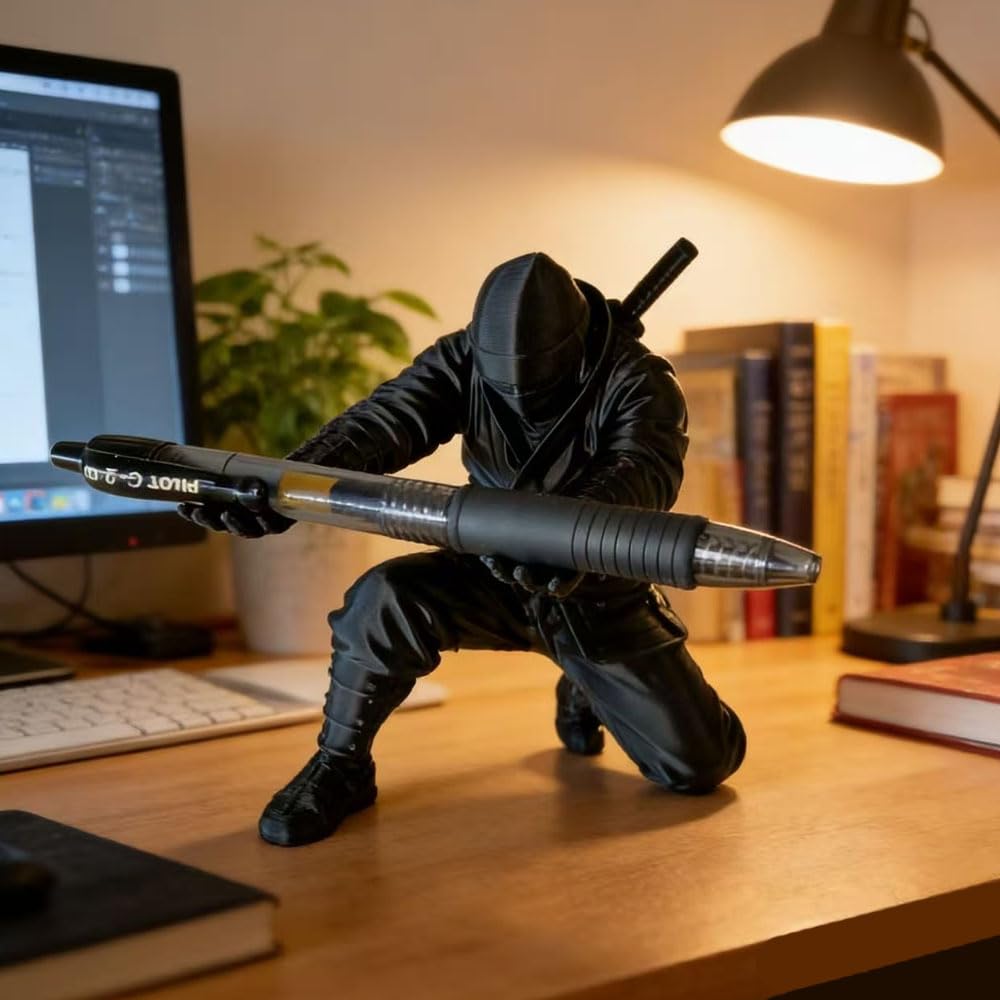 Ninja Pen Holder on an office desk holding a black pen