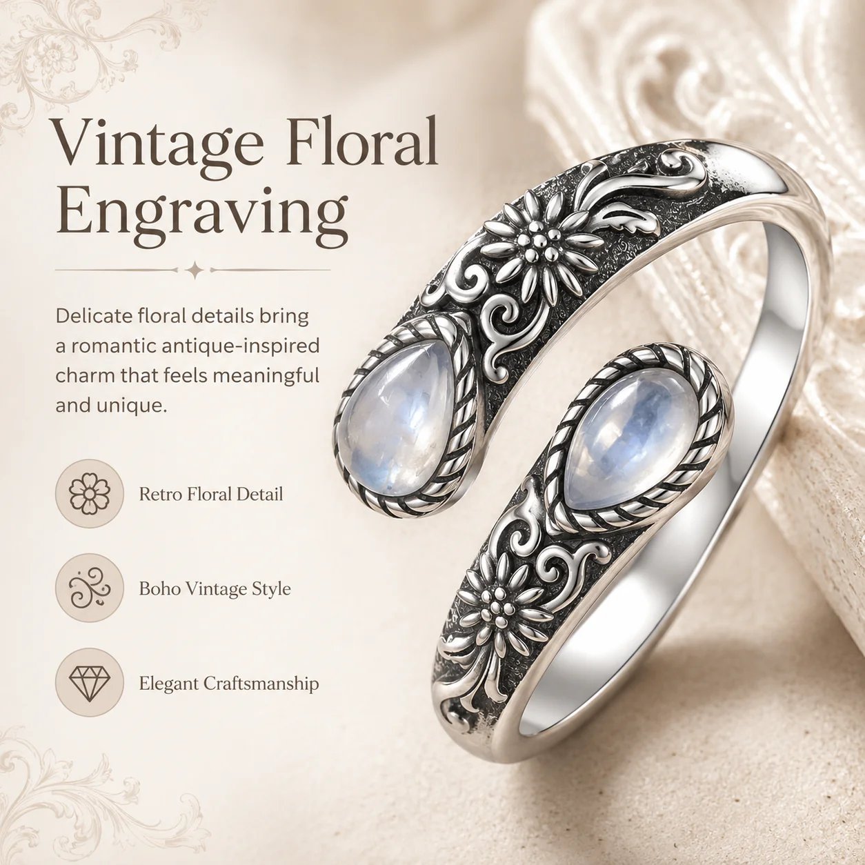 Vintage floral engraved band detail on moonstone ring