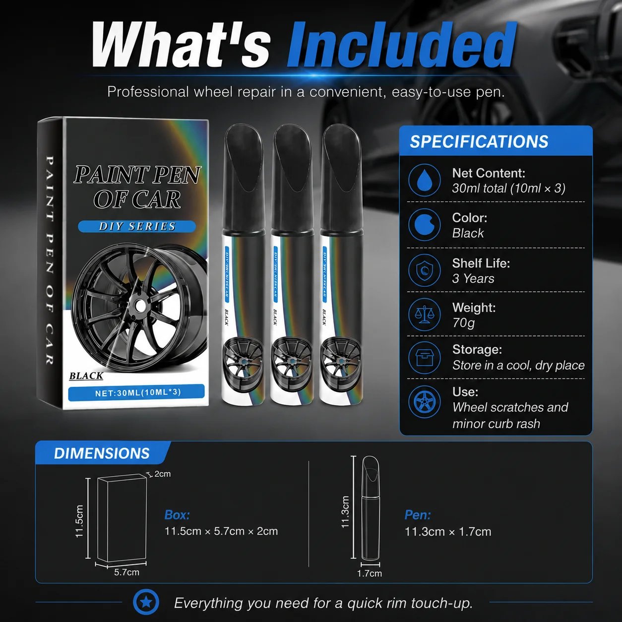 Wheel scratch repair pen specifications