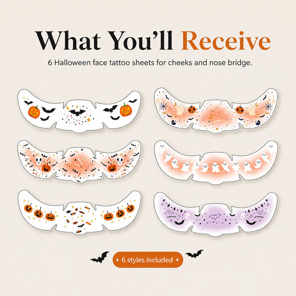 Collection of six Halloween temporary face tattoo sheets