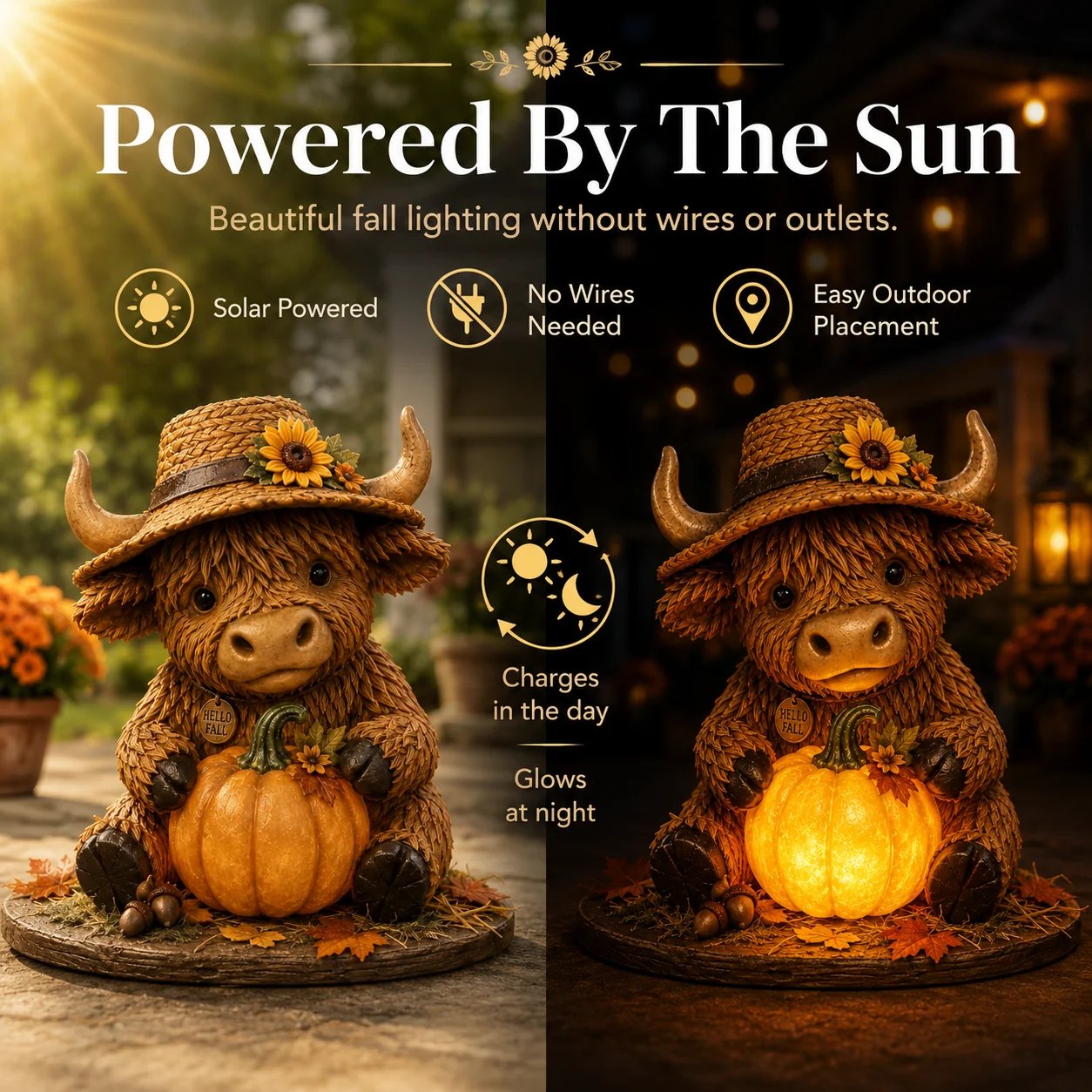 Solar powered Highland Cow Pumpkin Light day and night