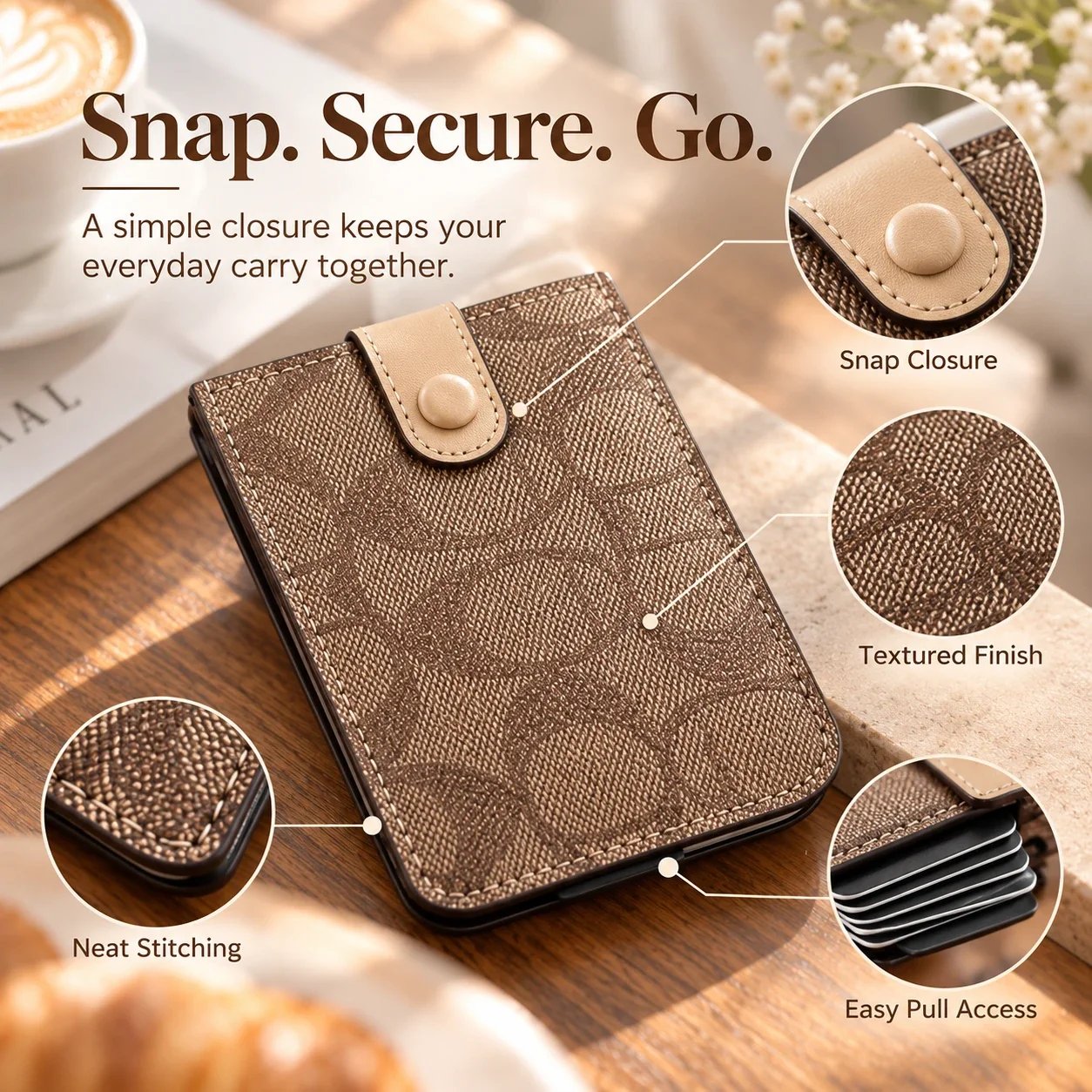 Snap closure stitching and textured finish details