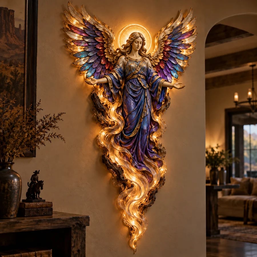 Gabriel angel wall sculpture with open arms, colorful wings and warm light