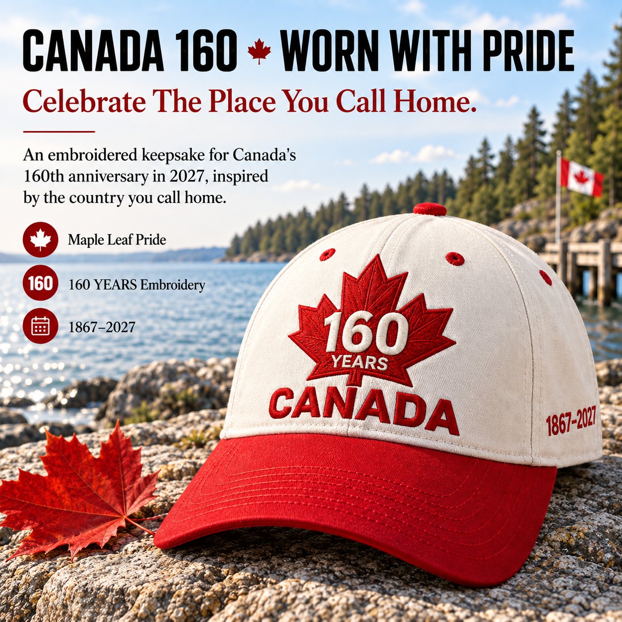 Canada 160 anniversary cap with maple leaf embroidery and 1867–2027 details beside a Canadian lake