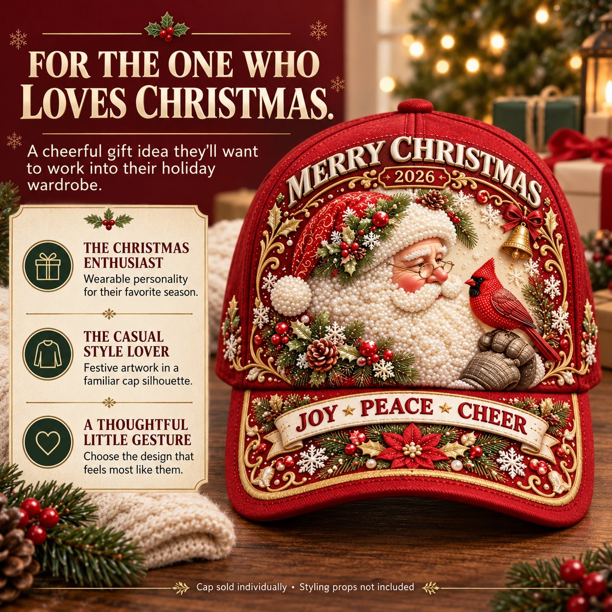 Red Santa Claus JOY cap presented as a Christmas gift idea