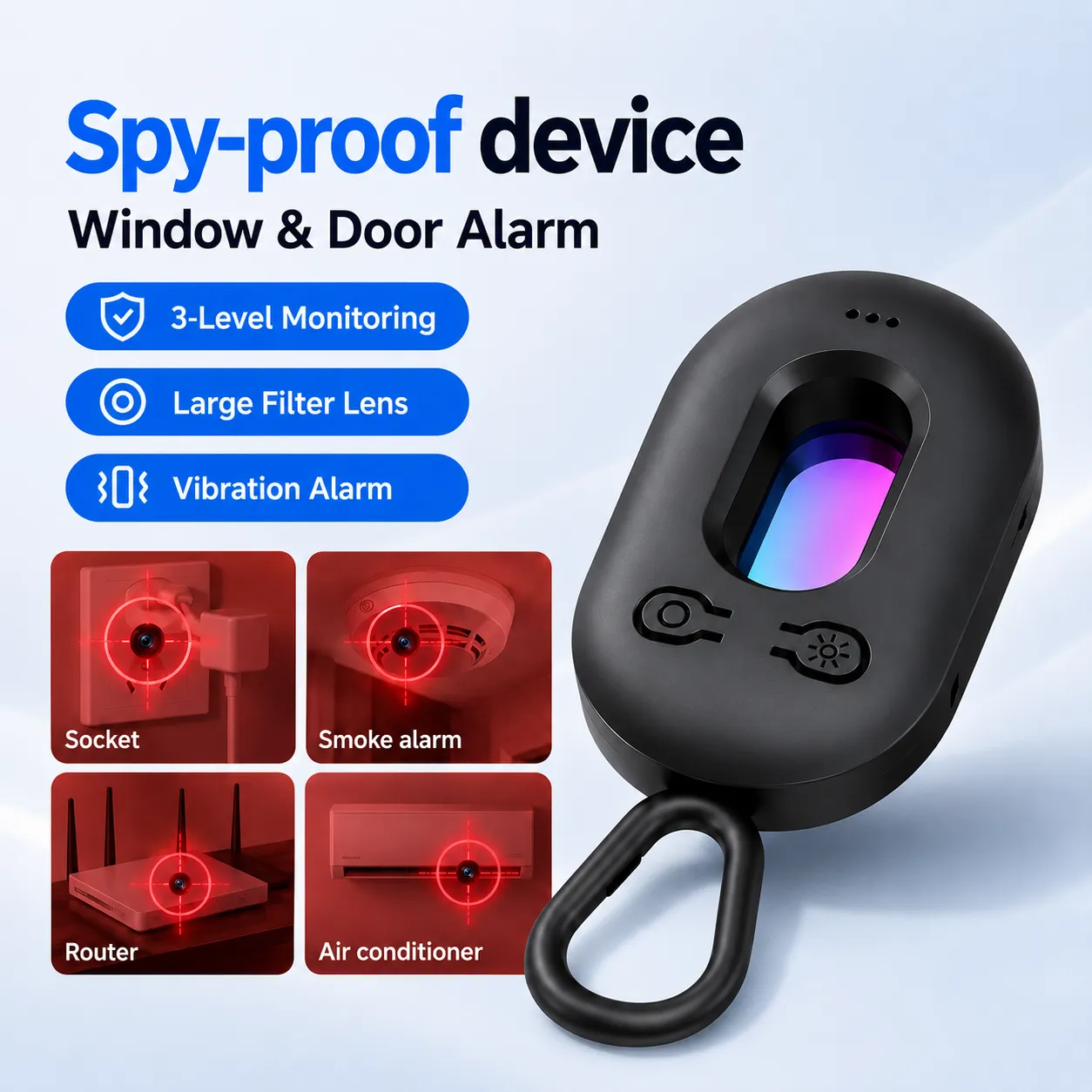 Two-in-one hidden camera lens detector and vibration door and window alarm with three monitoring modes