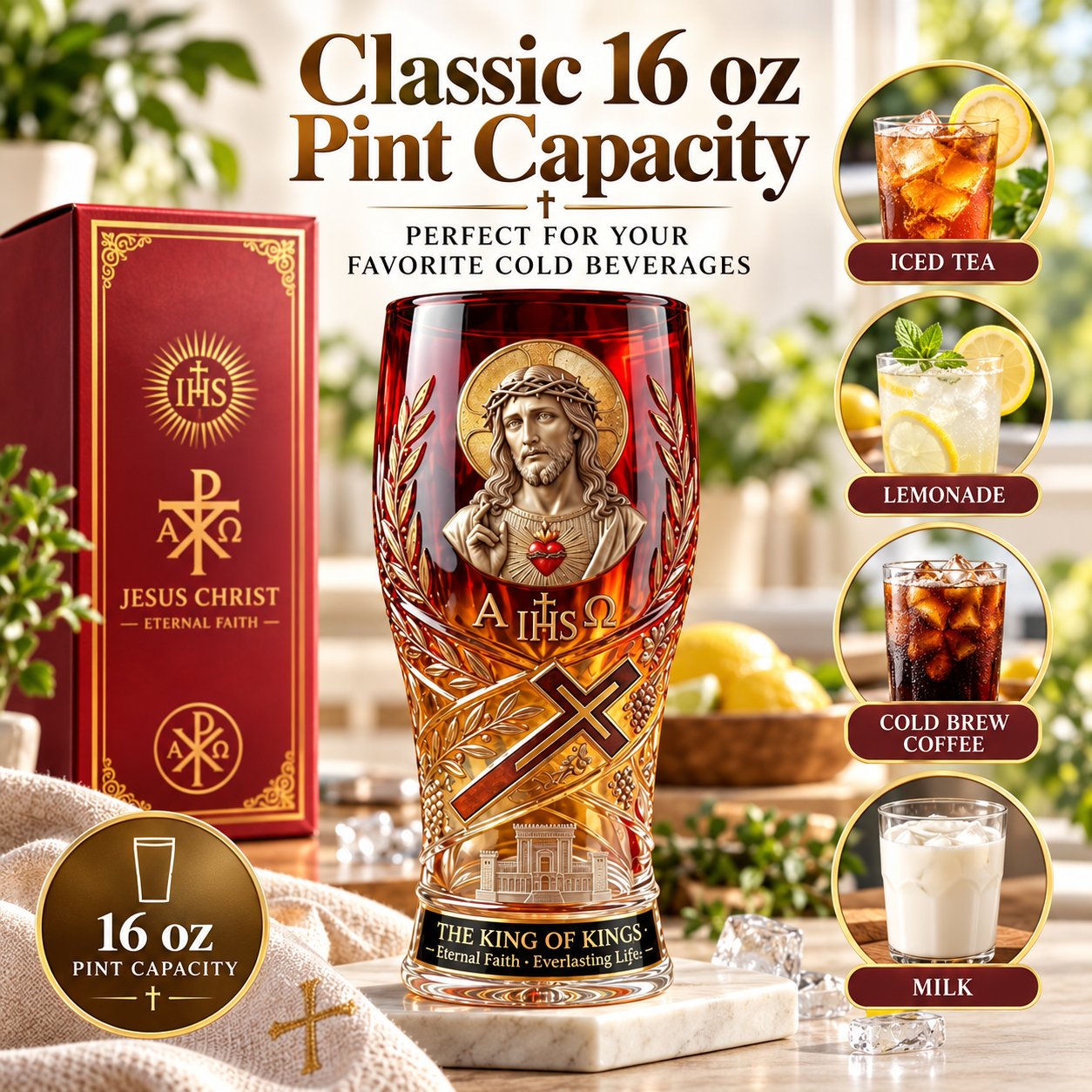 ✝️ Jesus Christ “King of Kings” Pint Glass – 16 oz in use