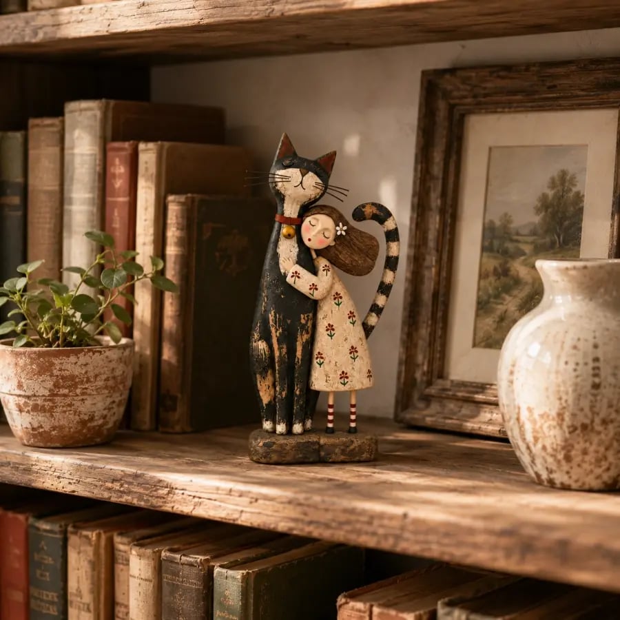 Girl and cat folk art figurine on a vintage bookshelf