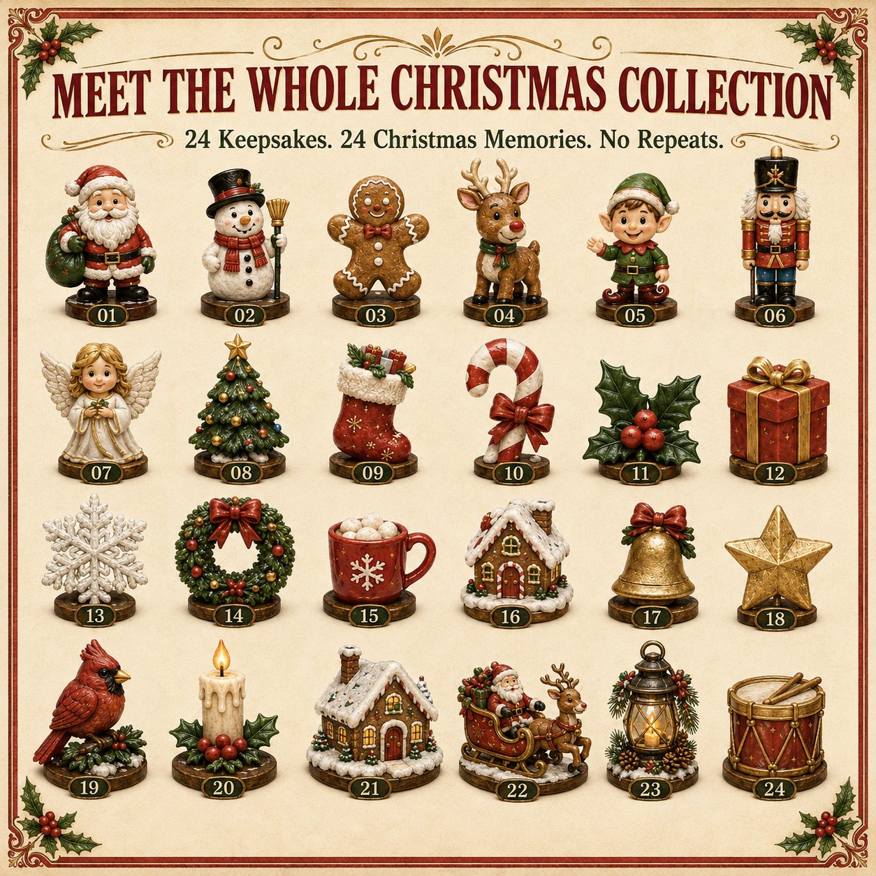 Complete collection of 24 different classic Christmas character keepsakes with no repeats