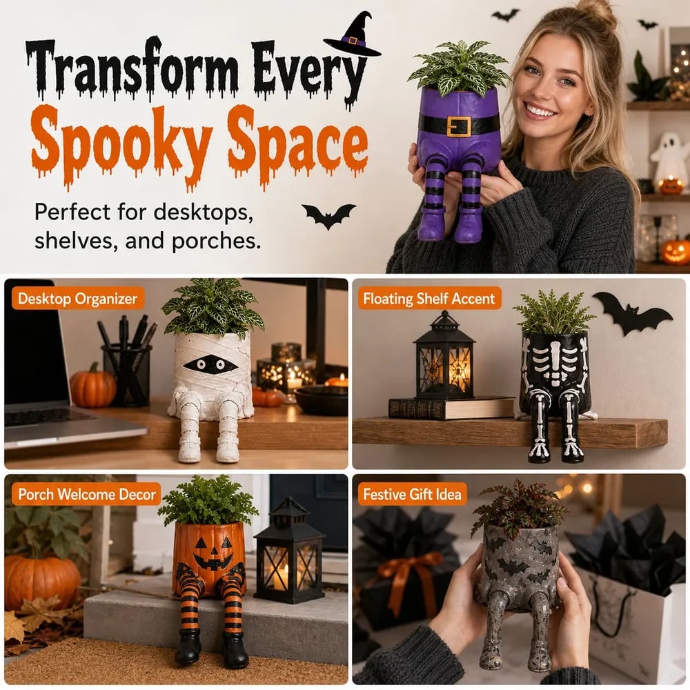 Halloween hanging leg planters used on desk shelf and porch
