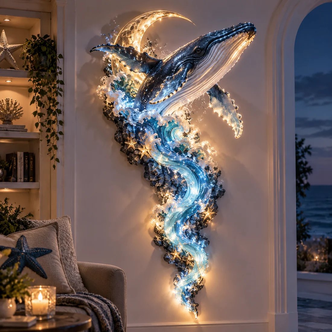 Moonlit Whale lighted wall decor in a living room