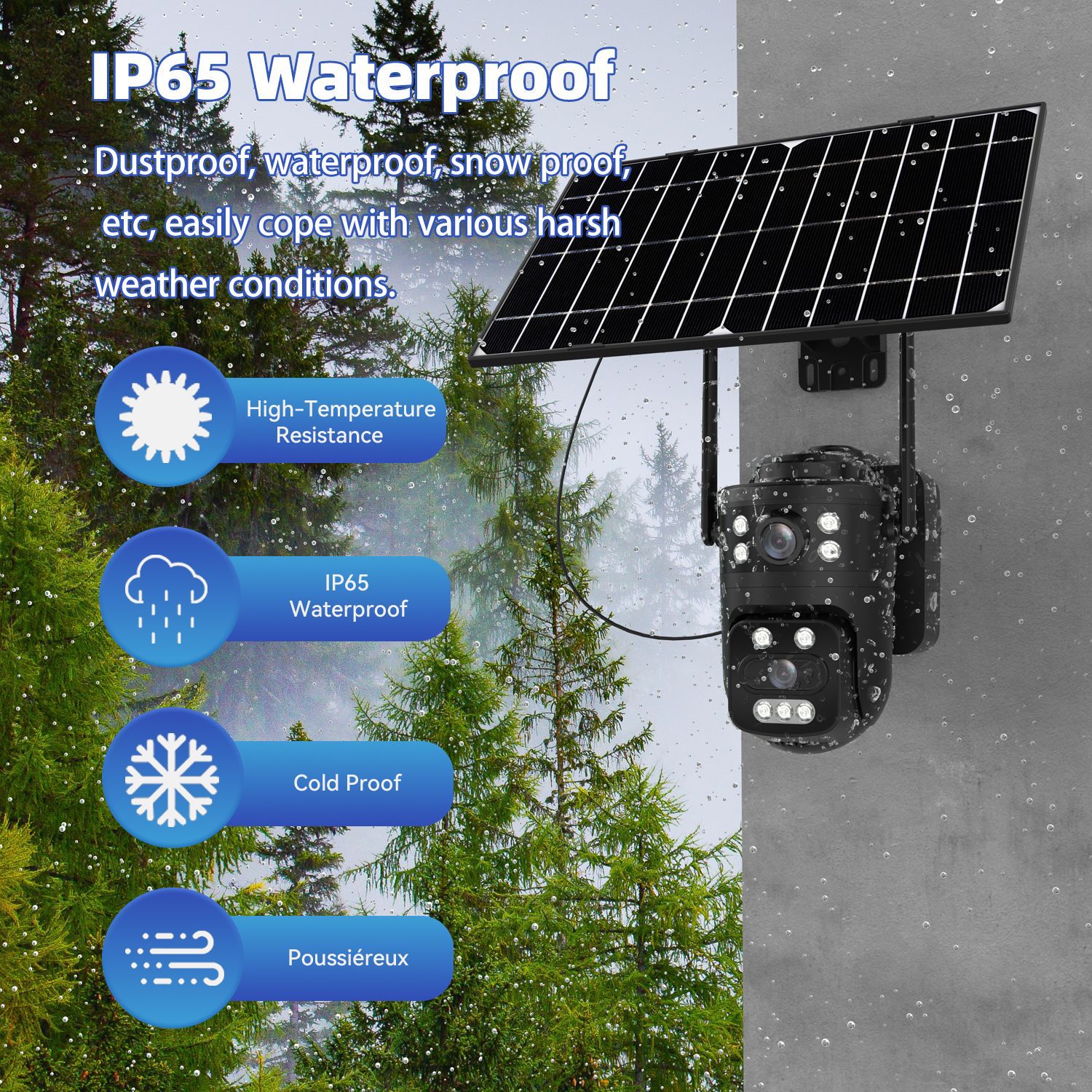 Solar security camera operating in rain, snow, heat, and cold