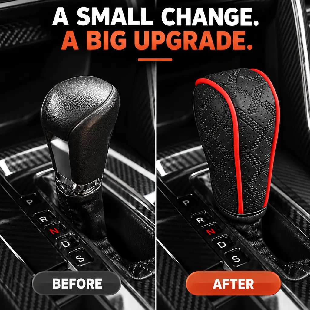 Before and after view of a car shifter with the black cover installed