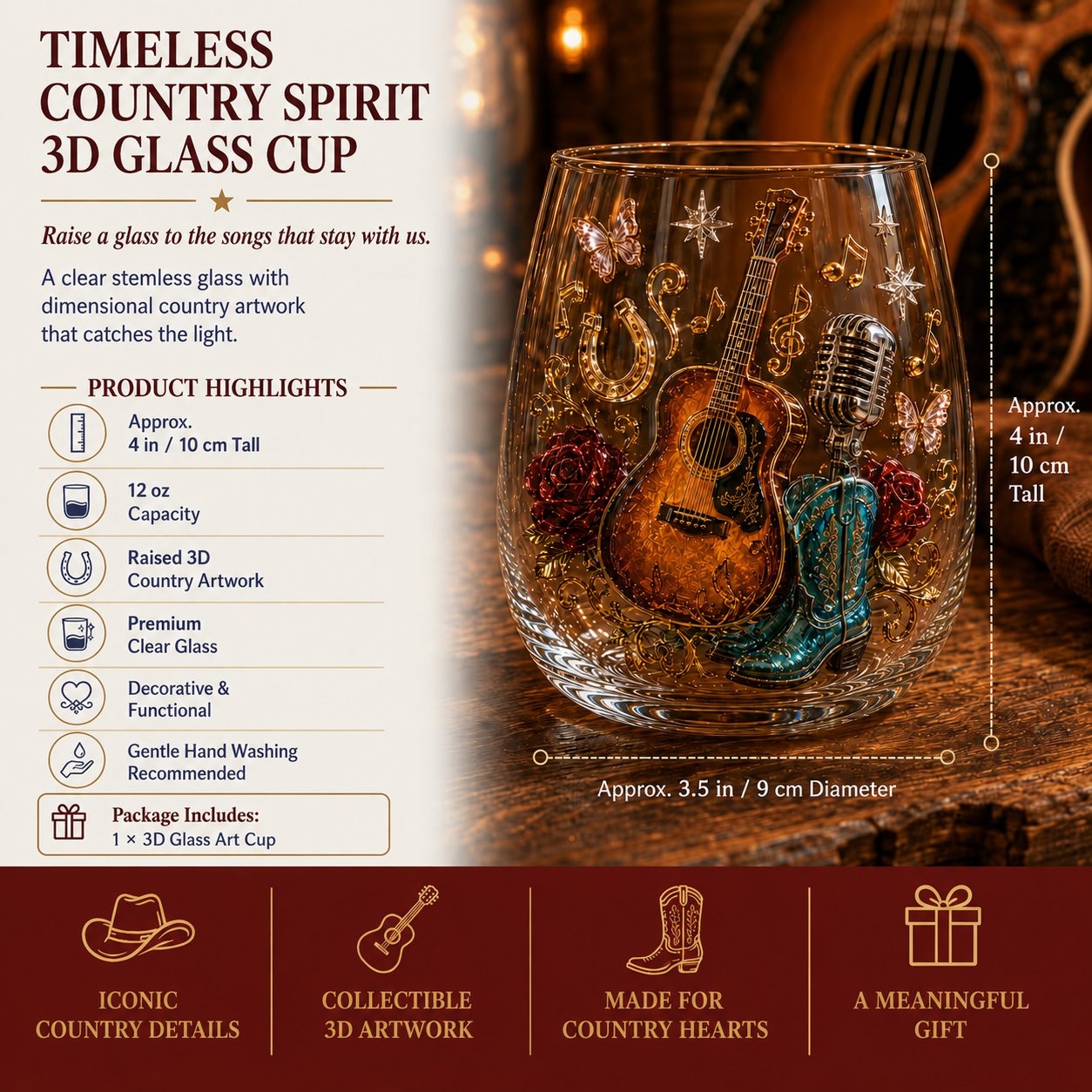 Queen of Country glass capacity, dimensions, features and care