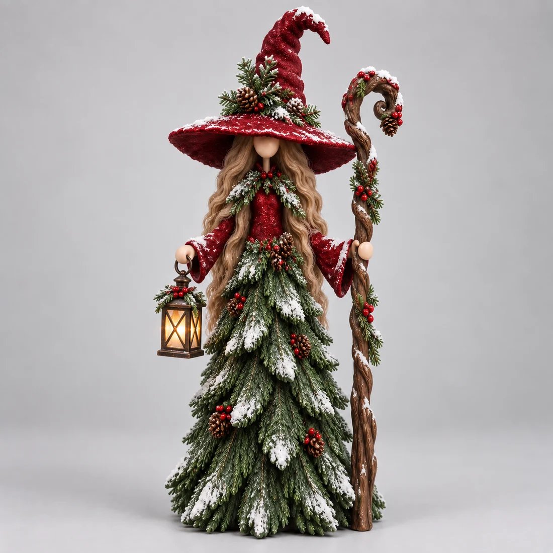 Lantern Keeper burgundy Christmas witch with warm lantern