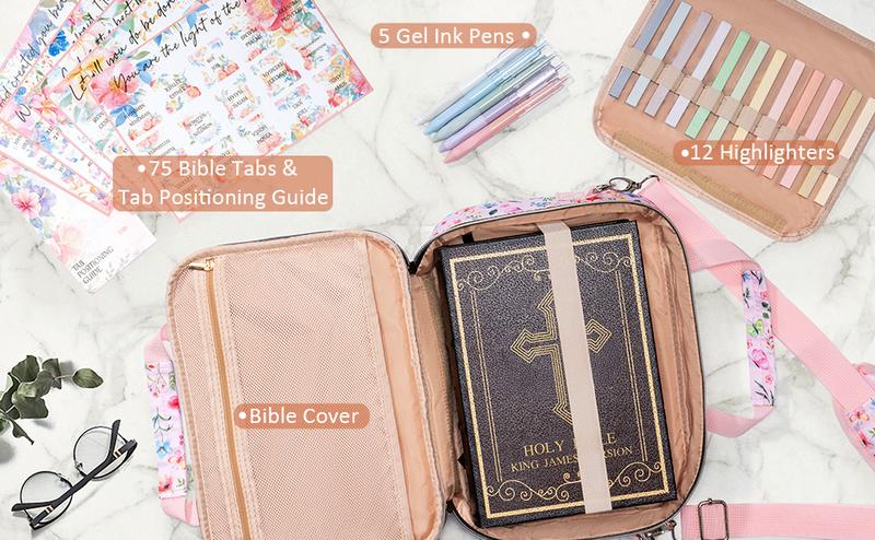 Floe Bible Cover for Women, Large Bible Bag w/ Shoulder Strap, Book Carrying Case with Bible Highlighters & Tabs, Bibles for Women, Bible Study, Bible Journaling & Bible Decorating, Christmas Christian Gifts