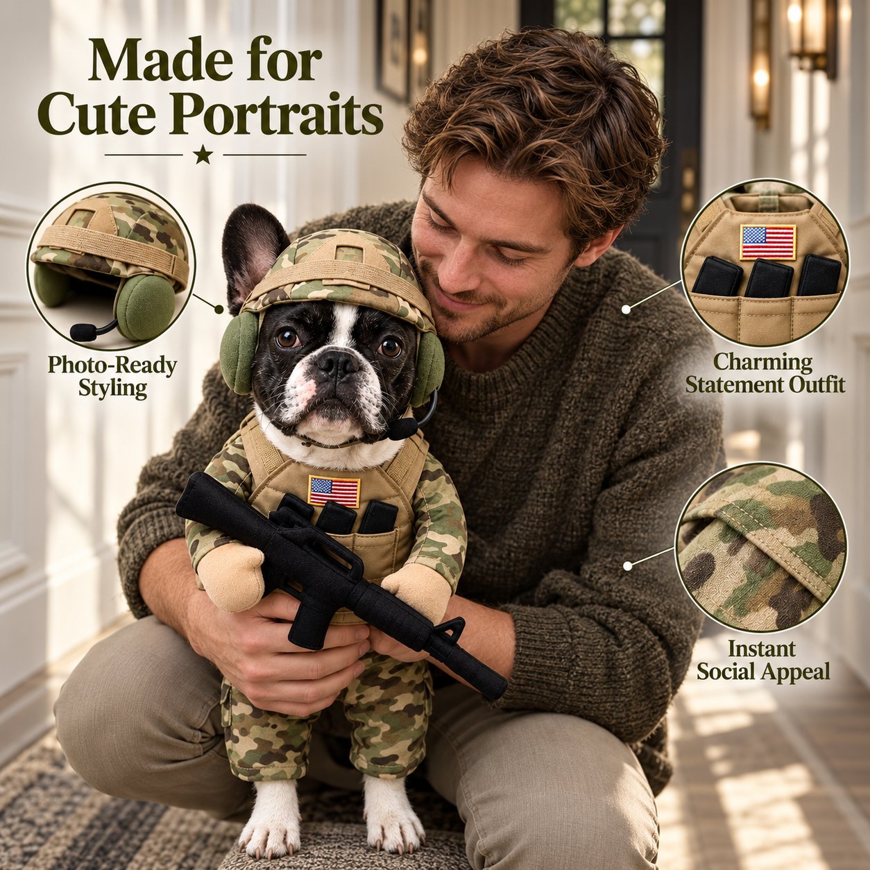Dog and owner posing together with the soldier costume