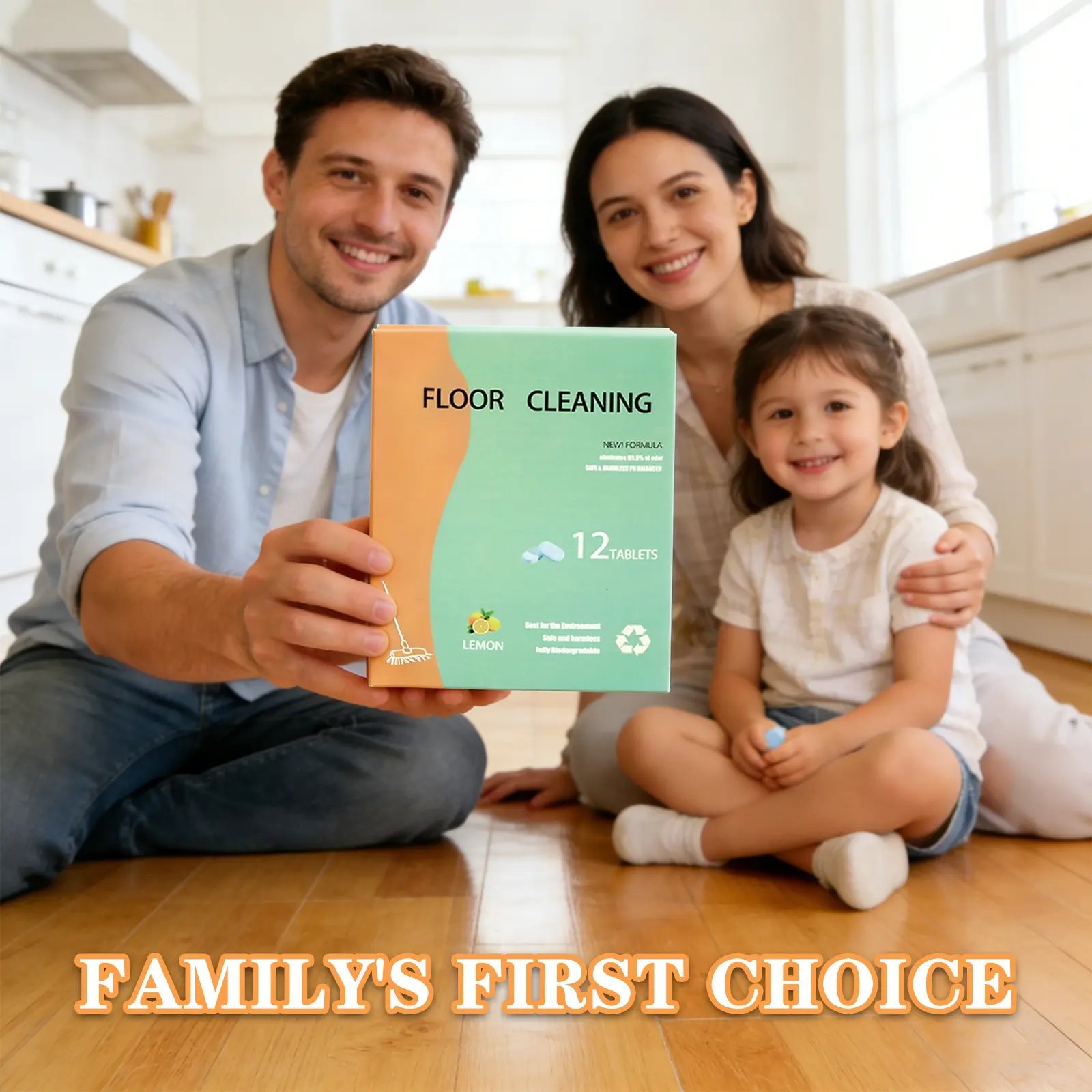 Happy family on clean floor