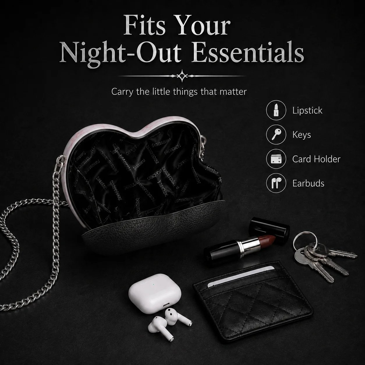 Open heart eye bag showing capacity for small essentials