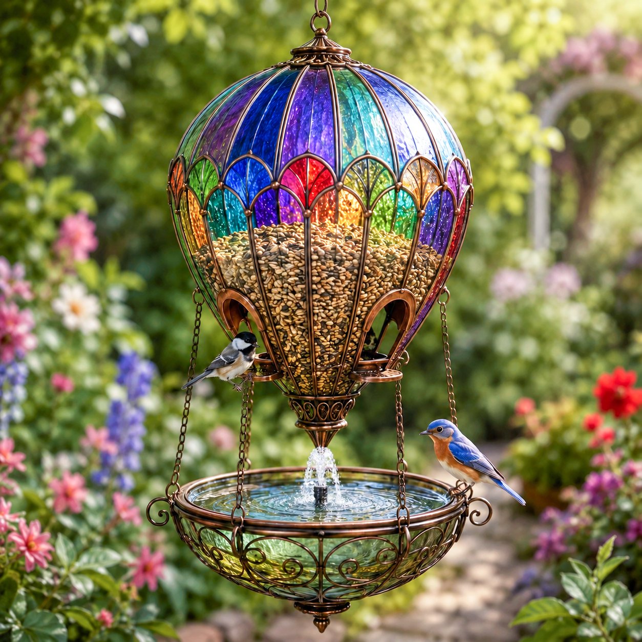hot air balloon bird feeder with water tray