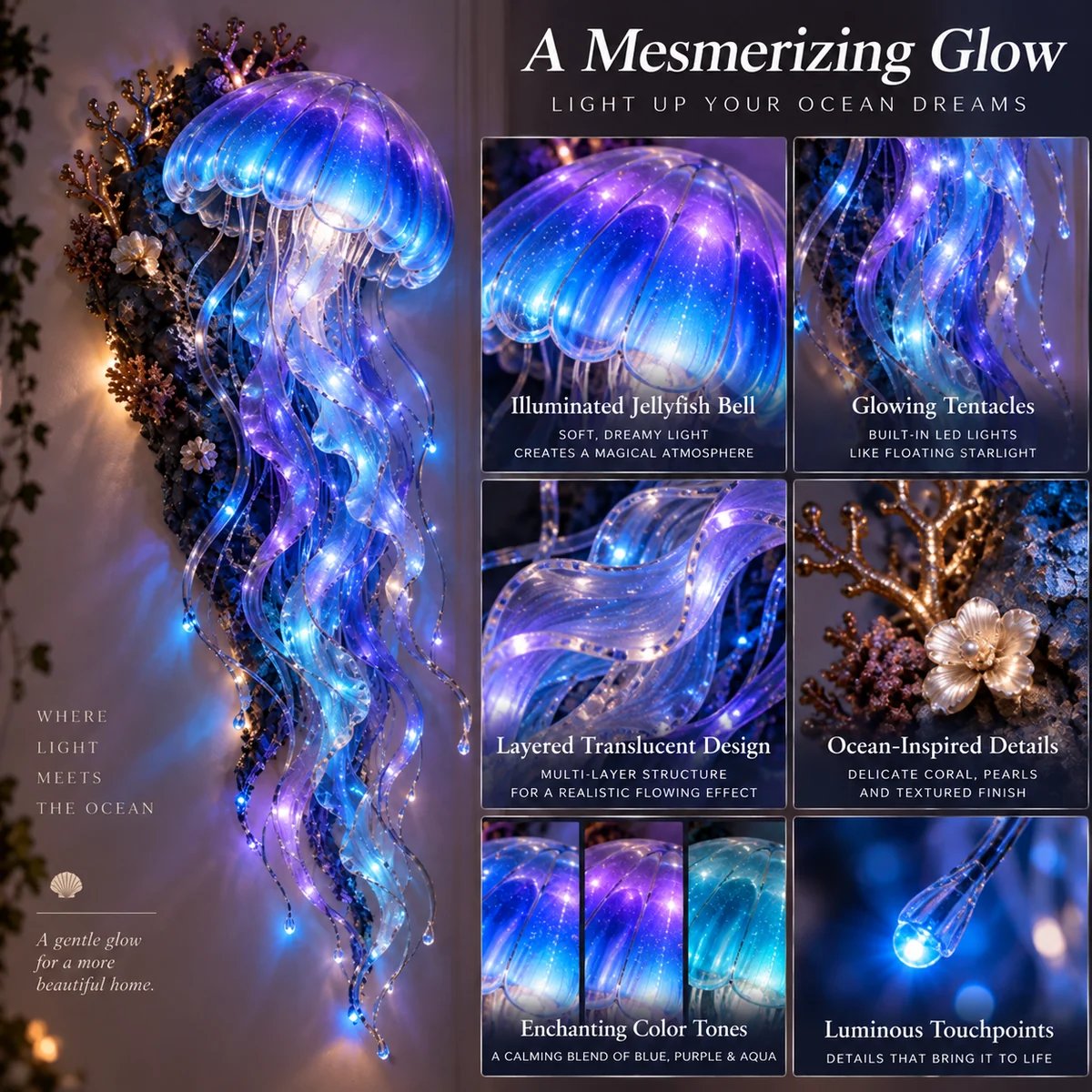 Close views of the jellyfish dome, translucent tentacles and blue-violet light details