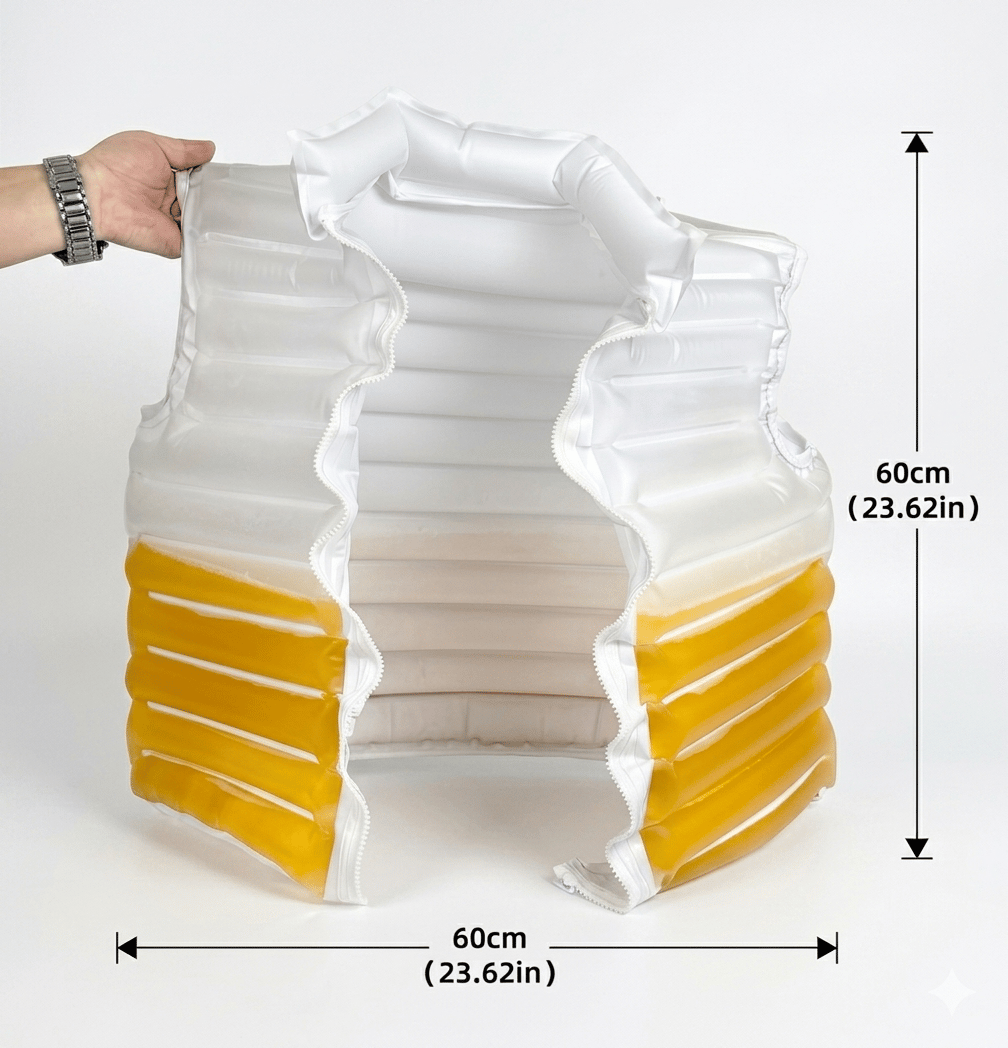 Inflatable beer vest on a pool float