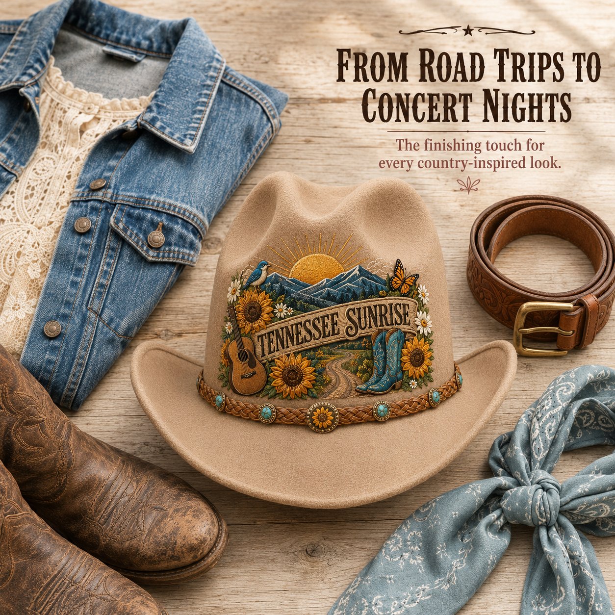 Tennessee Sunrise cowboy hat styled with denim, boots, belt and bandana