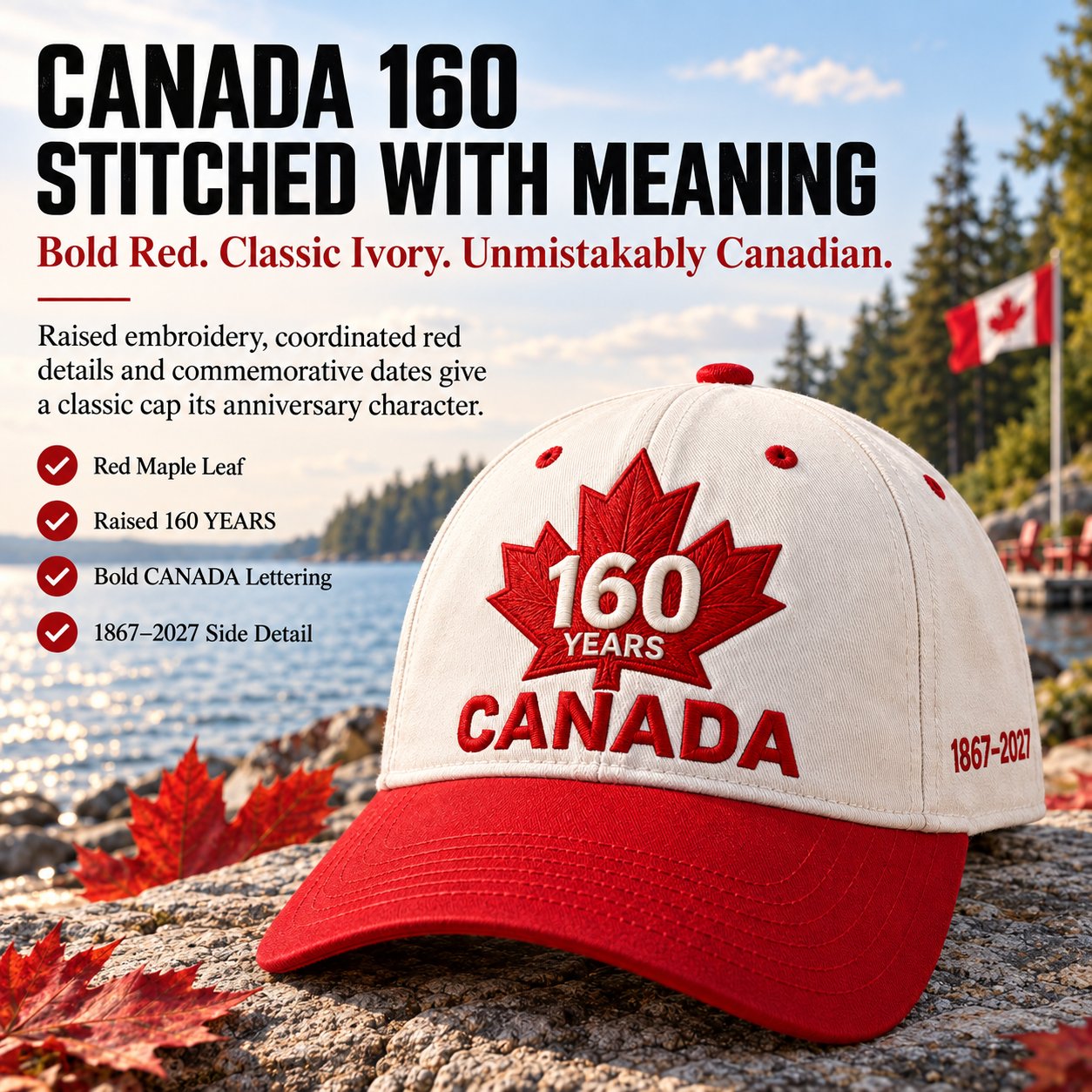 Ivory and red cap showing the raised 160 YEARS embroidery, CANADA lettering and side date
