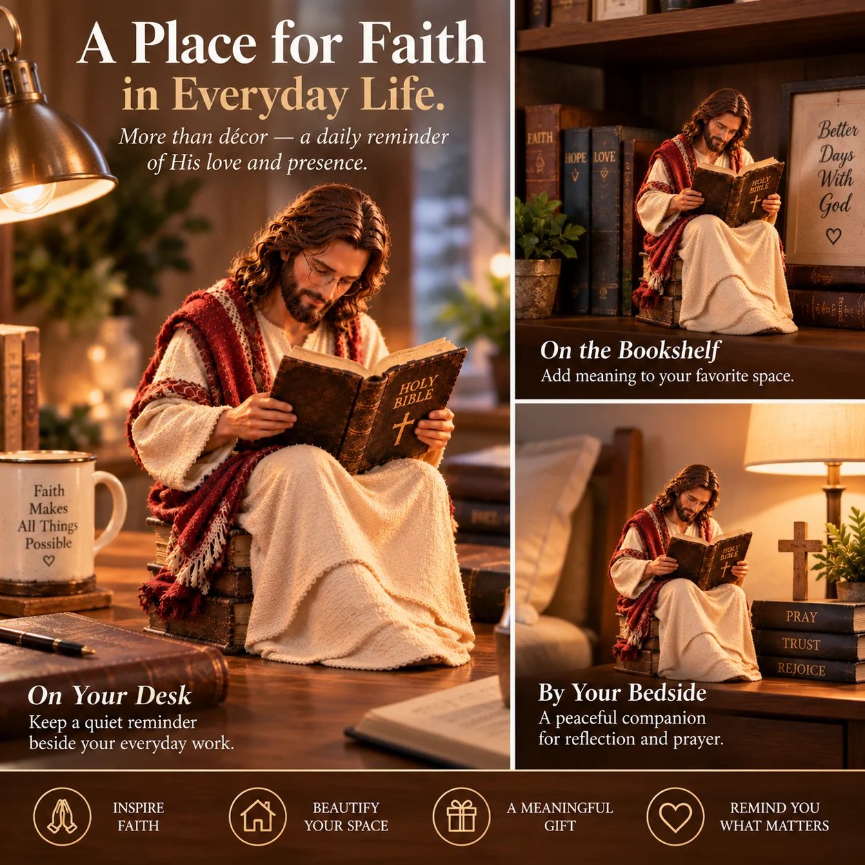 Jesus figurine displayed on desk bookshelf and bedside